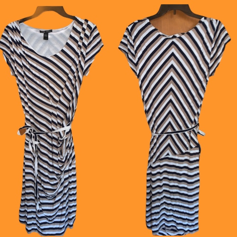 Black, white and tan striped dress